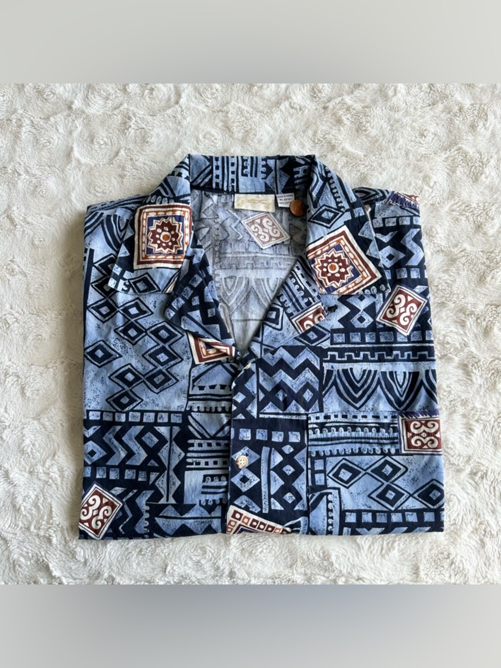 Vintage Loop Collar Hawaiian Shirt Mens XL Blue Tiki Geometric Goltex Aztec READ